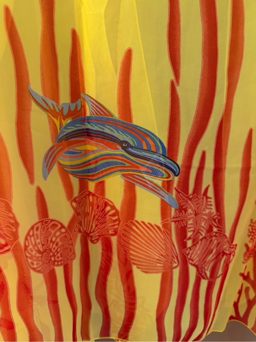Tropical 🏝️ Yellow & Red Sheer Ocean-Print Sarong wrap w/ Coral & Dolphin Motif - Picture 2 of 6